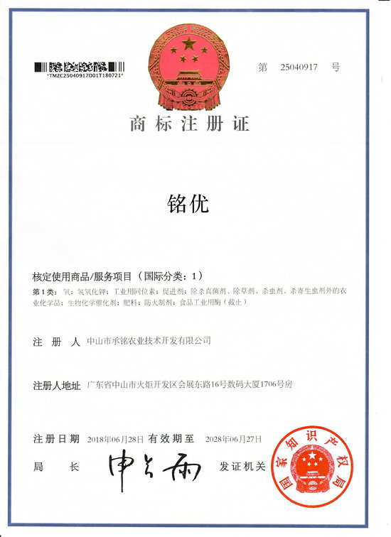 铭优第一大商标证书